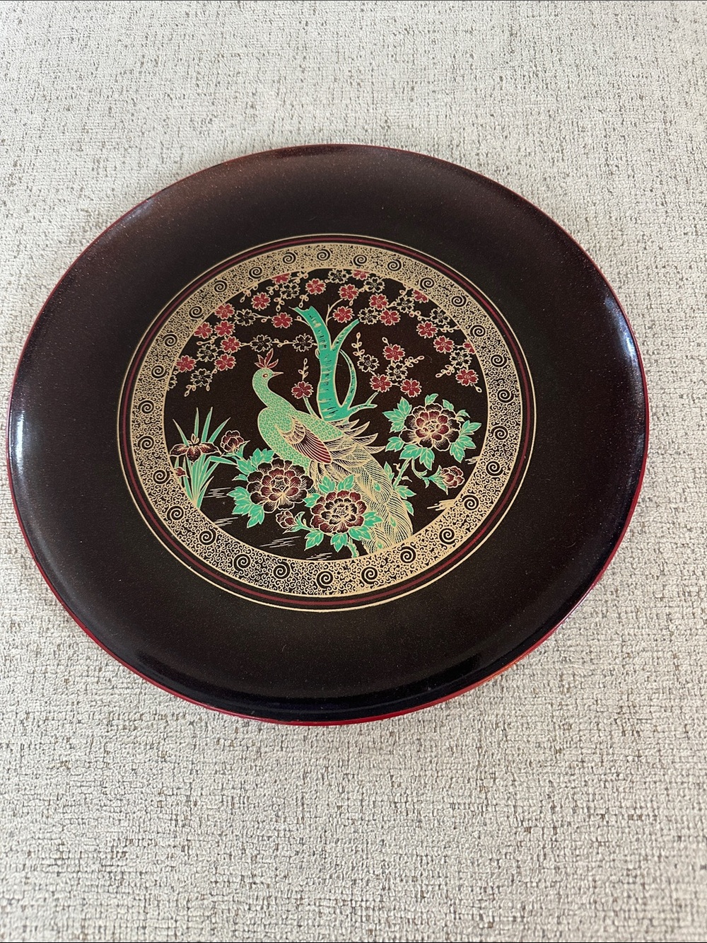 Mid Century Modern Japanese Lacquer Peacock Tray High Gloss Brown/Red/Gold